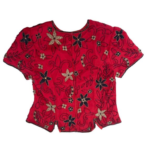 Vintage Scala silk beaded sequin top womans size XL formal red golden girls - Picture 2 of 10